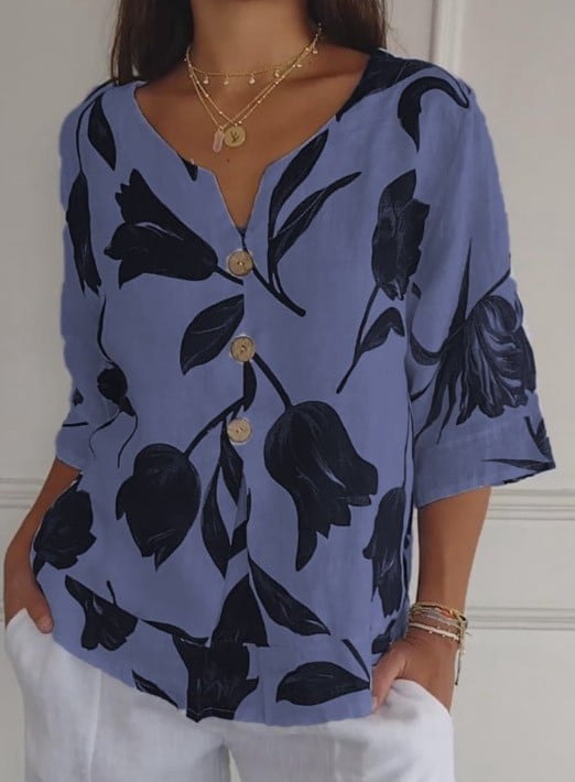 Printed Cotton and Linen V-Neck Pullover Shirt