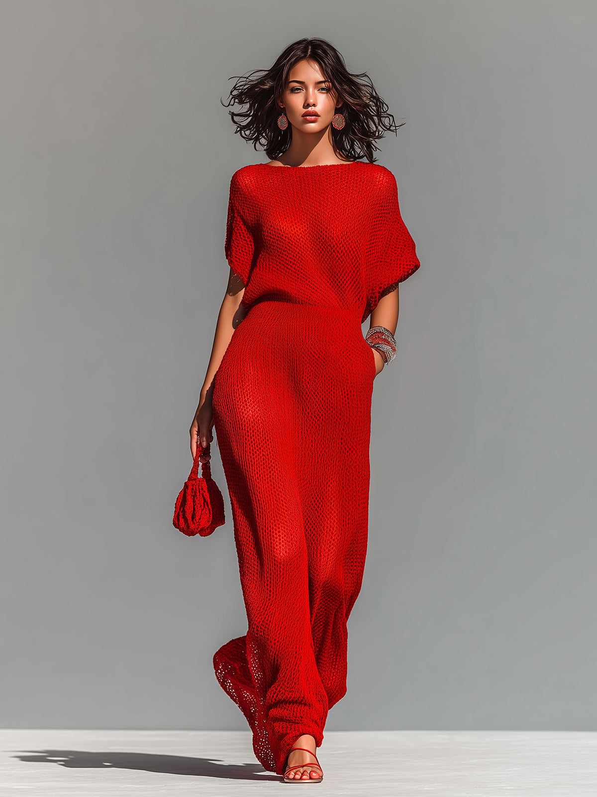 Chic Elegant Red Boat Neck Short-Sleeve Loose-Fit Breathable Knit Maxi Dress (Including A Slip Dress)