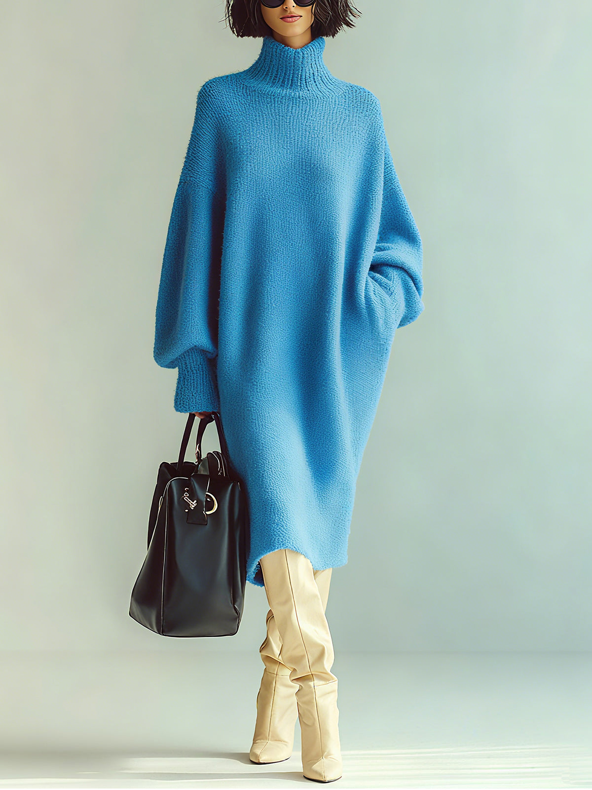 Chic Casual Blue Turtle Neck Oversized Long Sleeve Knit Midi Dress