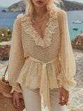 Fashionable and Romantic Pale Yellow Chiffon Top with White Polka Dots and V-Neck