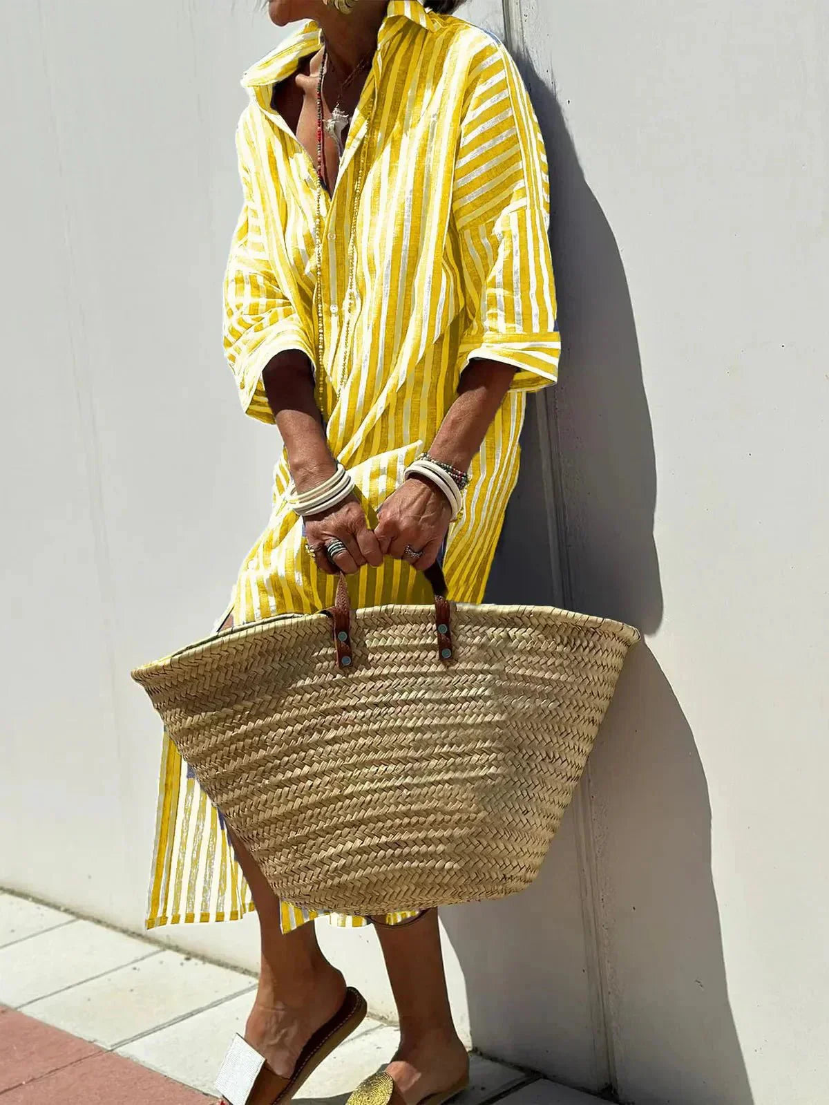 CHRISTINE | STRIPED PRINT DRESS WITH BUTTON CLOSURE AND BELT - Rossis Family Boutique Miami