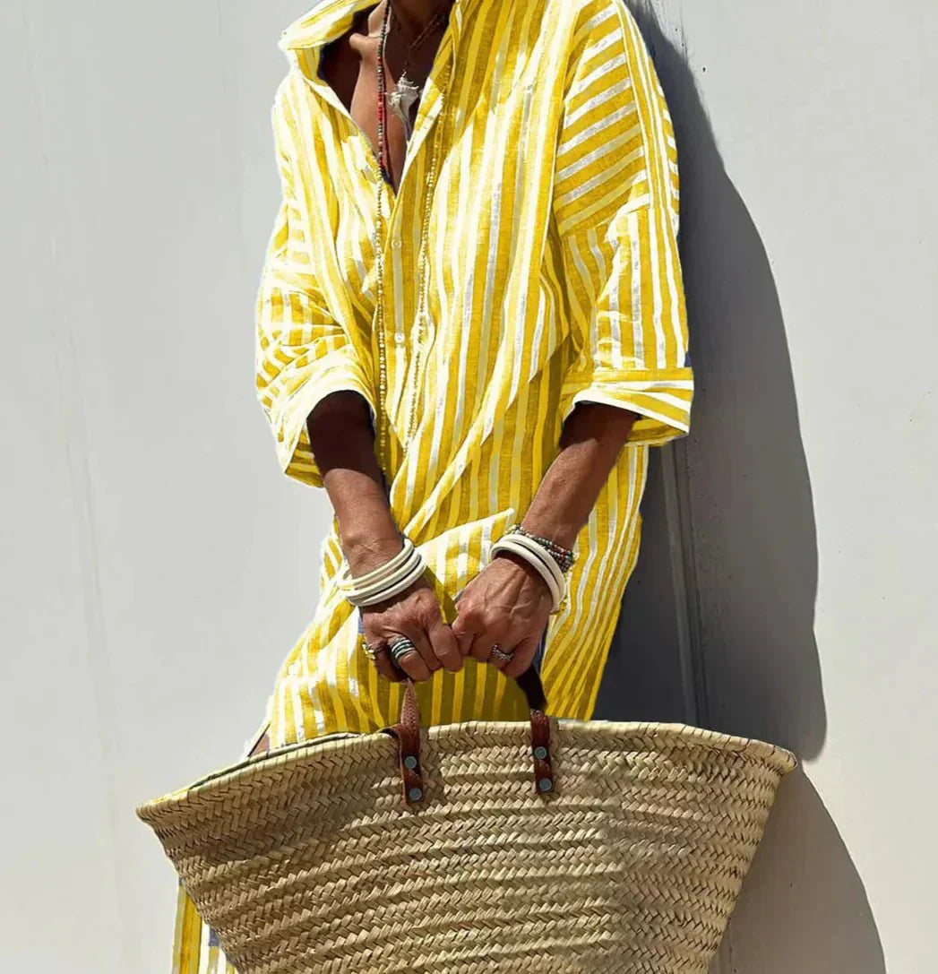 CHRISTINE | STRIPED PRINT DRESS WITH BUTTON CLOSURE AND BELT - Rossis Family Boutique Miami