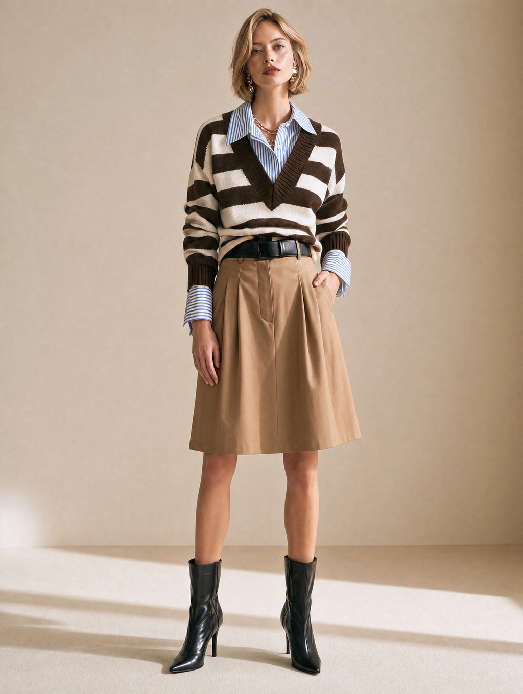 Preppy Striped Layered Faux-layered Knit Top