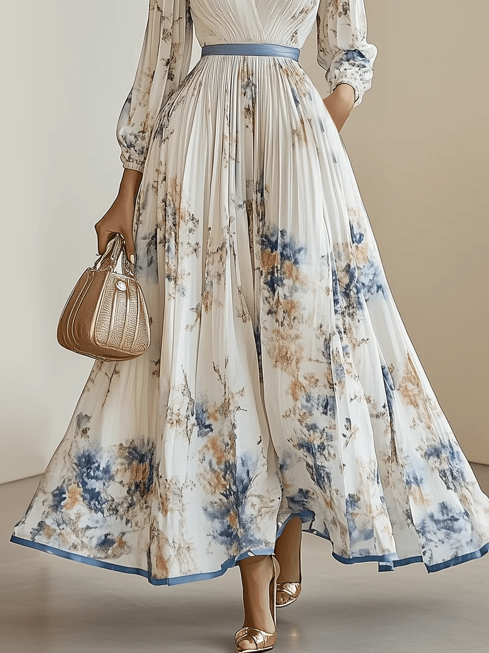 White Pleated Floral Chiffon V-Neck Maxi Dress with Balloon Sleeves