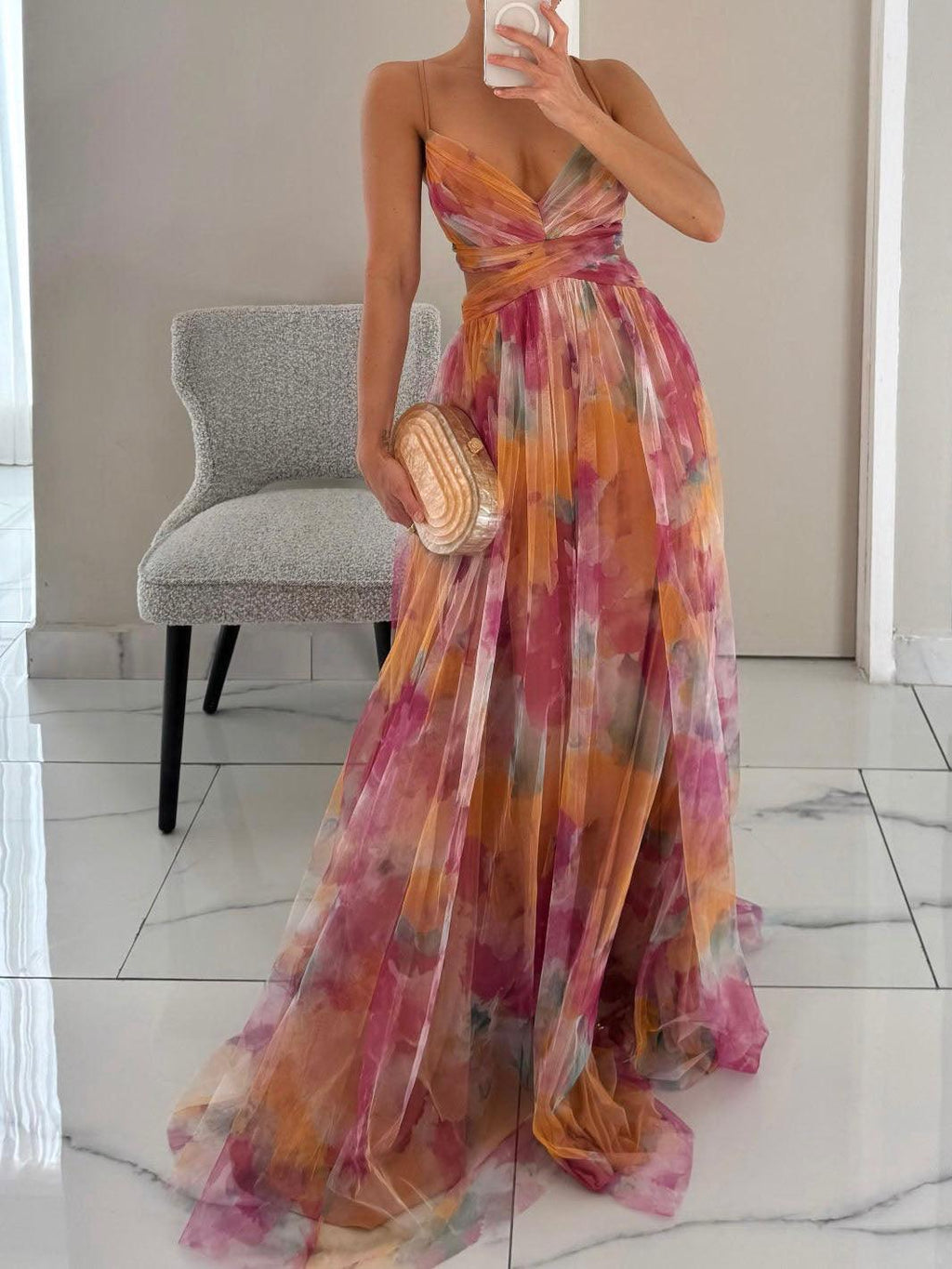Painted Floral Print V-Neck A-Line Maxi Dress