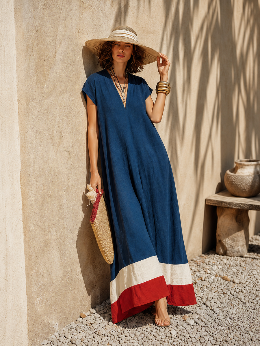 Minimalist Vacation-Style Red And White Hem Navy Blue Cotton-Linen Maxi Dress