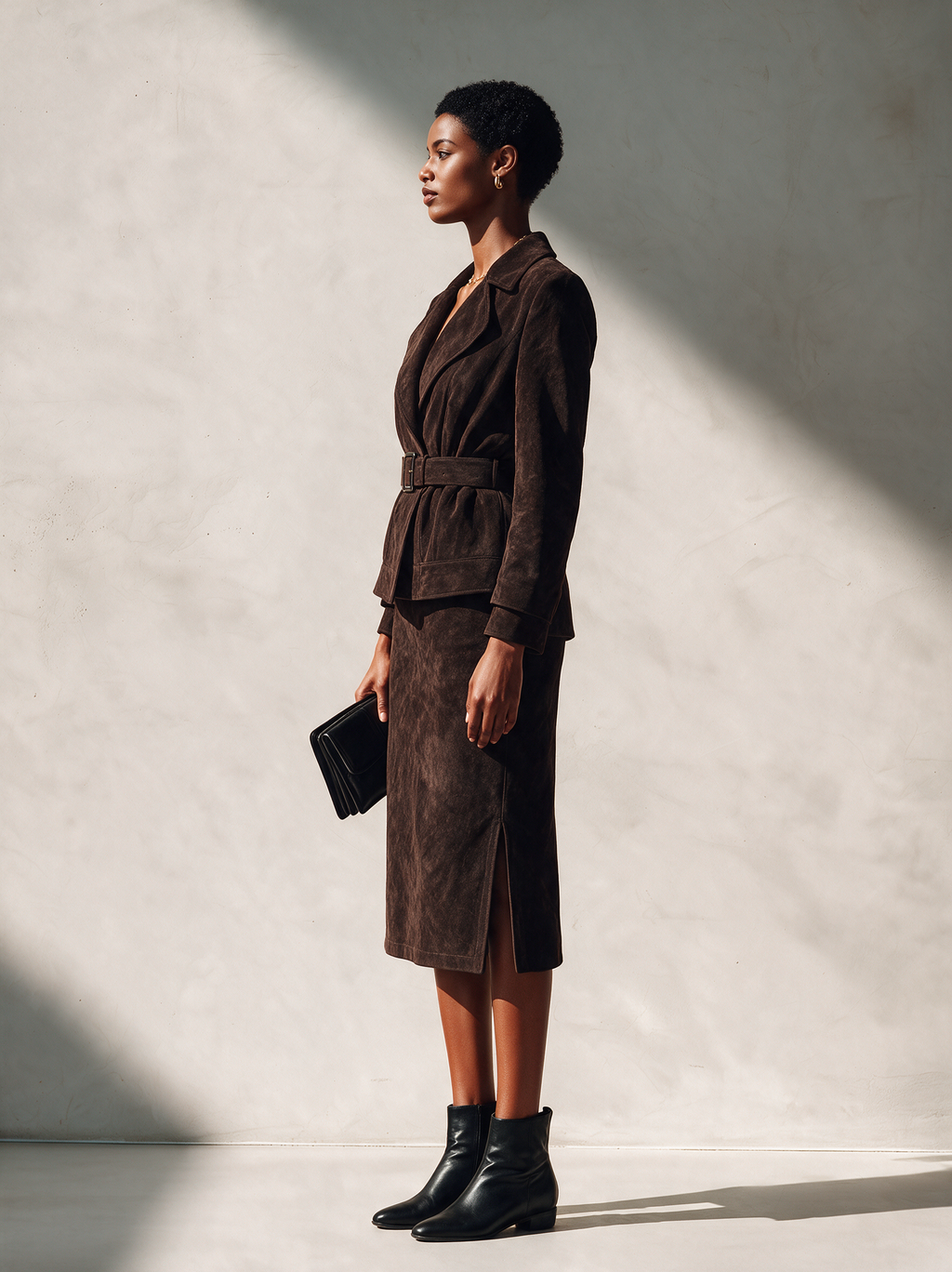 Women's Elegant Suede Skirt Set With Lapel Jacket And Belt MDZ0433I5ZRK