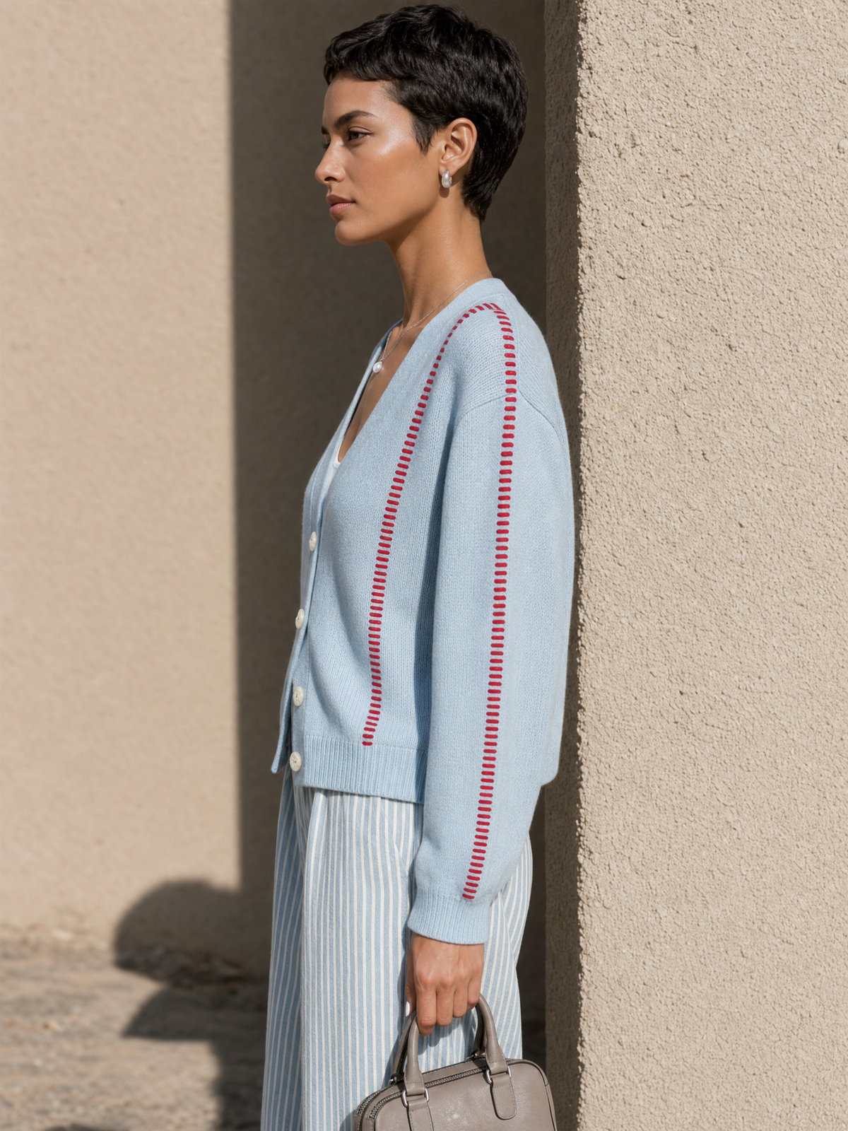 Women's Contrast Stitch Casual V-Neck Cardigan MDZ0727I6GMJ