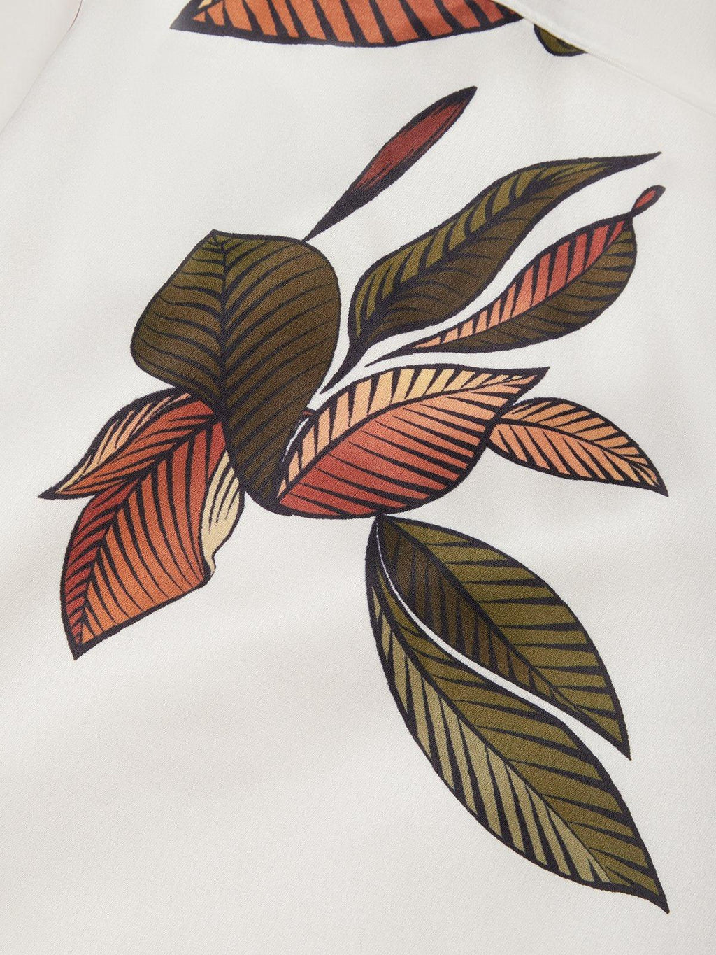 White Satin Leaf Print Short-Sleeve Midi Dress