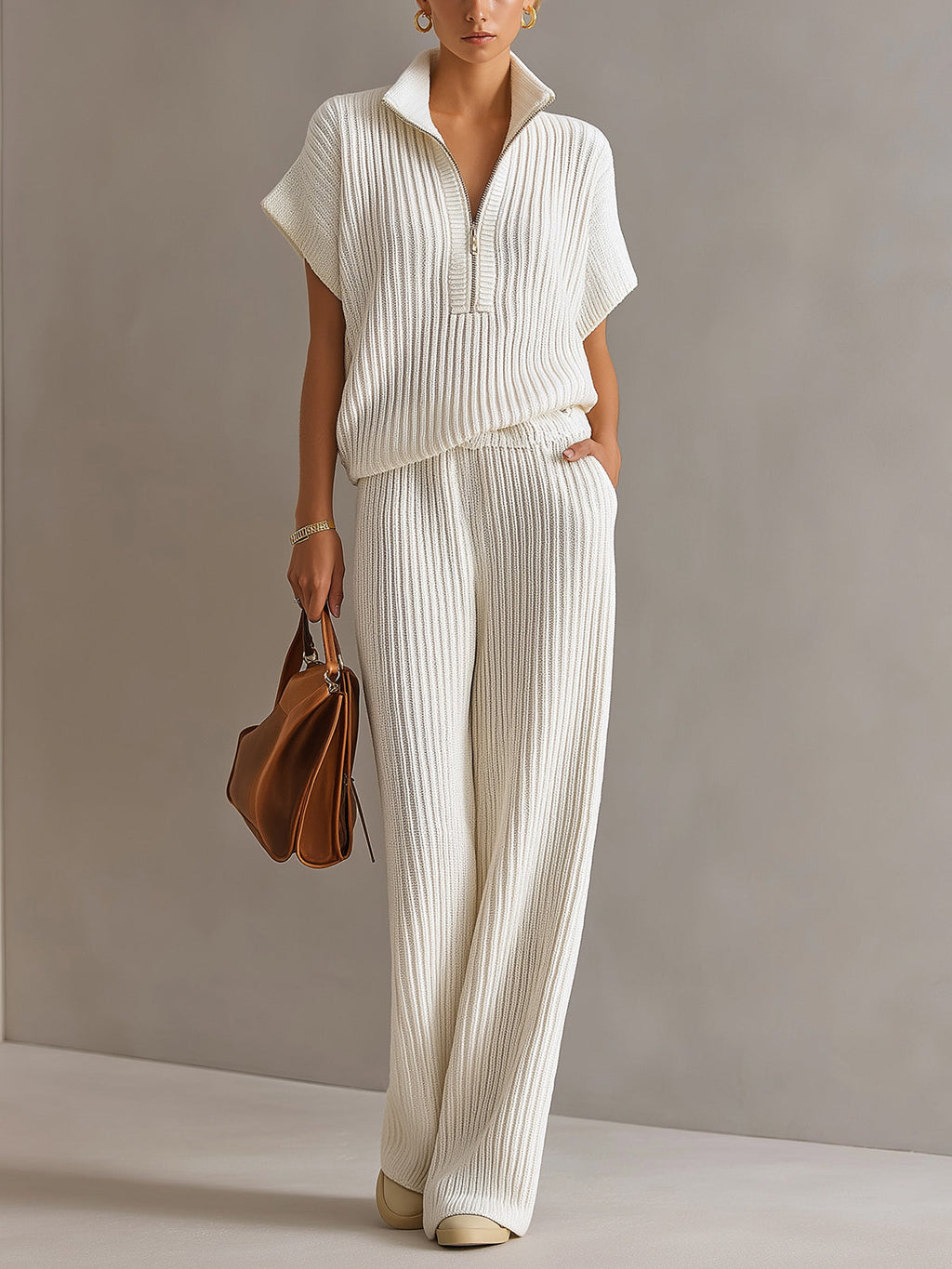 Chic Elegant Cream White Zipper-Up Stand Collar Oversize Short-Sleeve Sweater  Wide-Leg Pants Ribbed Knit Two-Piece Set