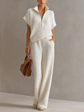 Chic Elegant Cream White Zipper-Up Stand Collar Oversize Short-Sleeve Sweater  Wide-Leg Pants Ribbed Knit Two-Piece Set