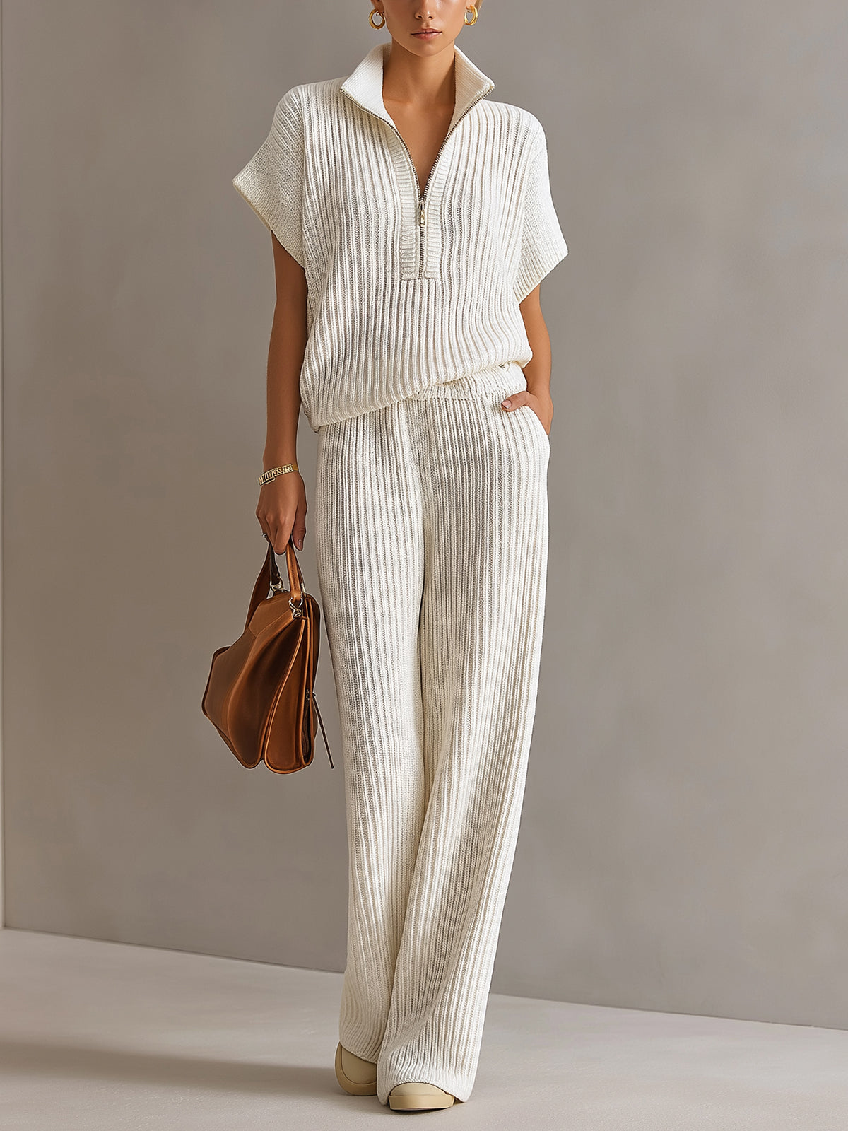 Chic Elegant Cream White Zipper-Up Stand Collar Oversize Short-Sleeve Sweater  Wide-Leg Pants Ribbed Knit Two-Piece Set