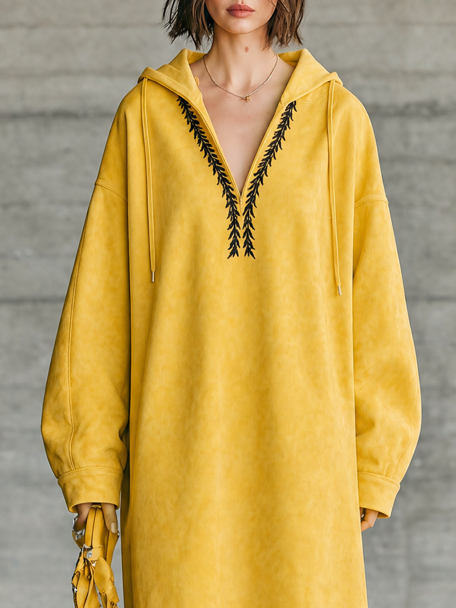 Women's Hooded Embroidered Yellow Sweatshirt Dress MDZ0721I7YZJ