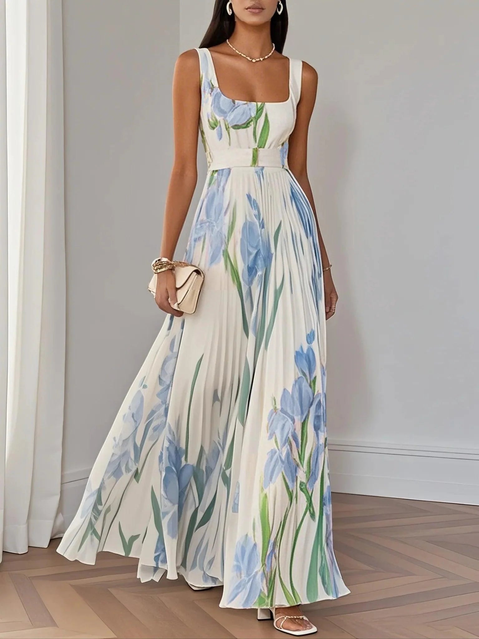 White Pleated Floral Chiffon Square-Neck Sleeveless Maxi Dress