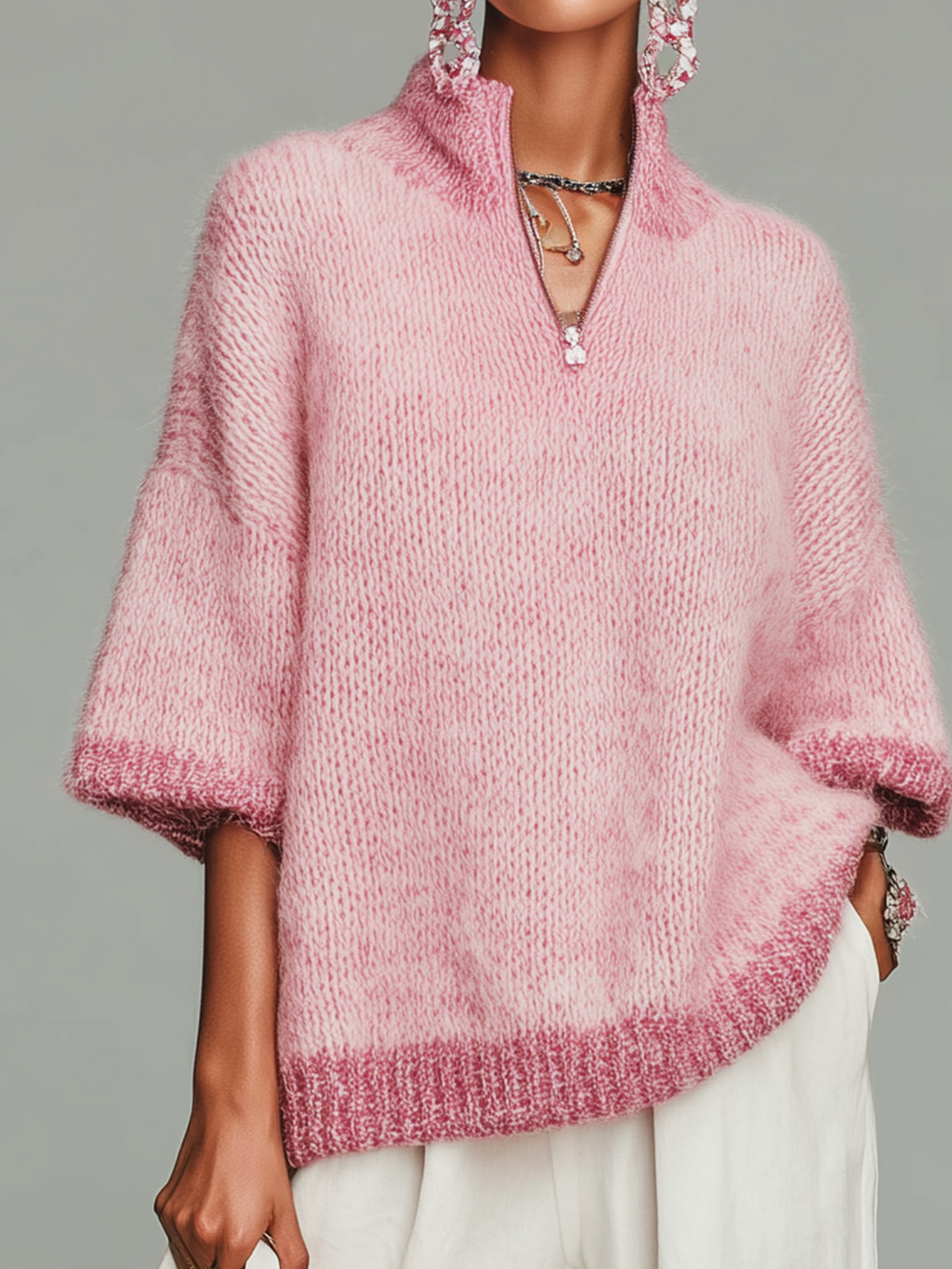 Stylish Casual Pink Stand-collar Zippered Short-sleeved Loose Knit Sweater Top