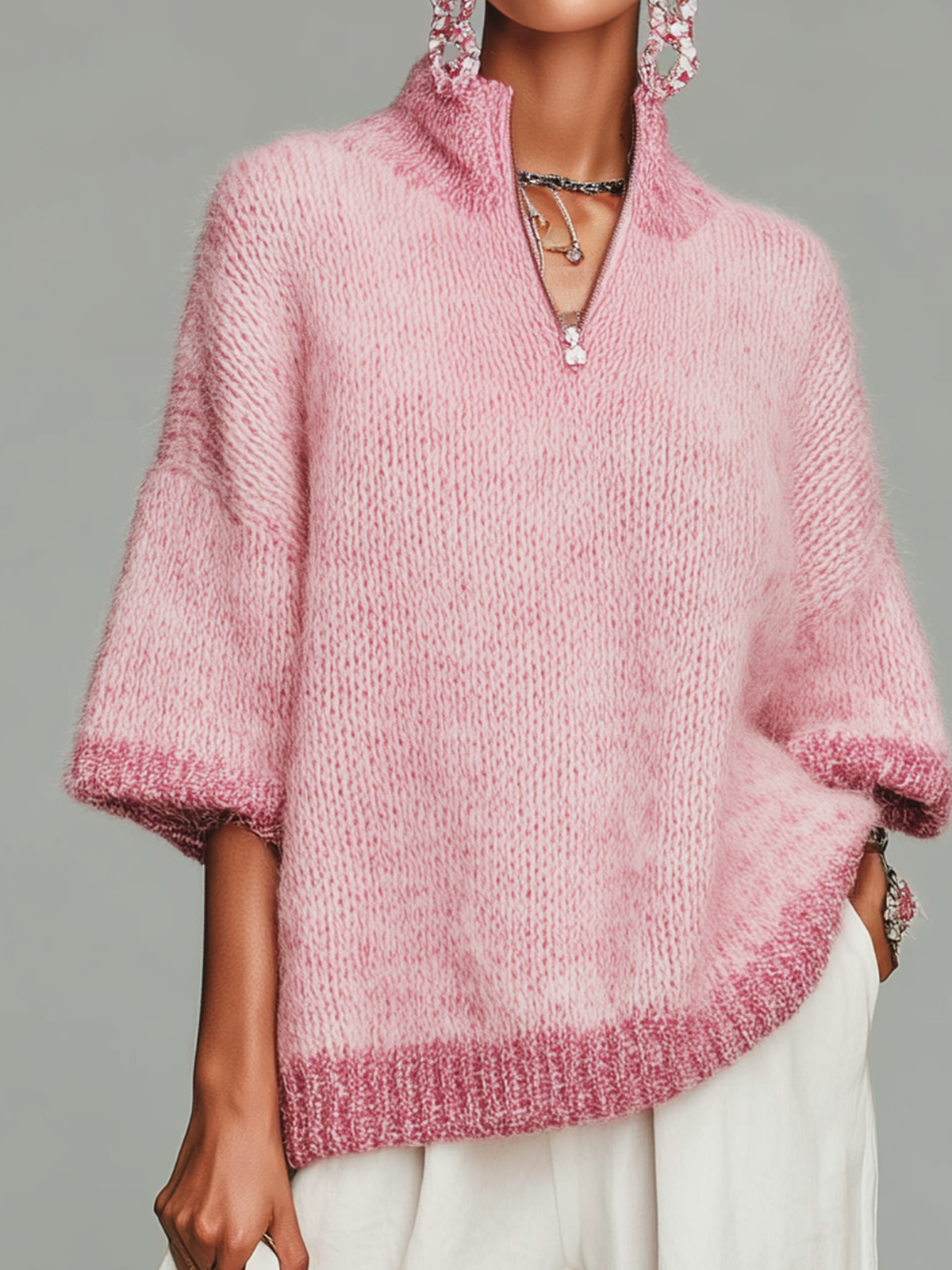 Stylish Casual Pink Stand-collar Zippered Short-sleeved Loose Knit Sweater Top