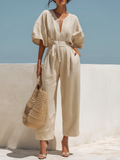 Beige Cotton Linen Wide Fit Short Sleeve Wide Leg Jumpsuit