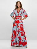 Corinne | Abito Maxi Floreale con Scollo a V e Maniche Corte