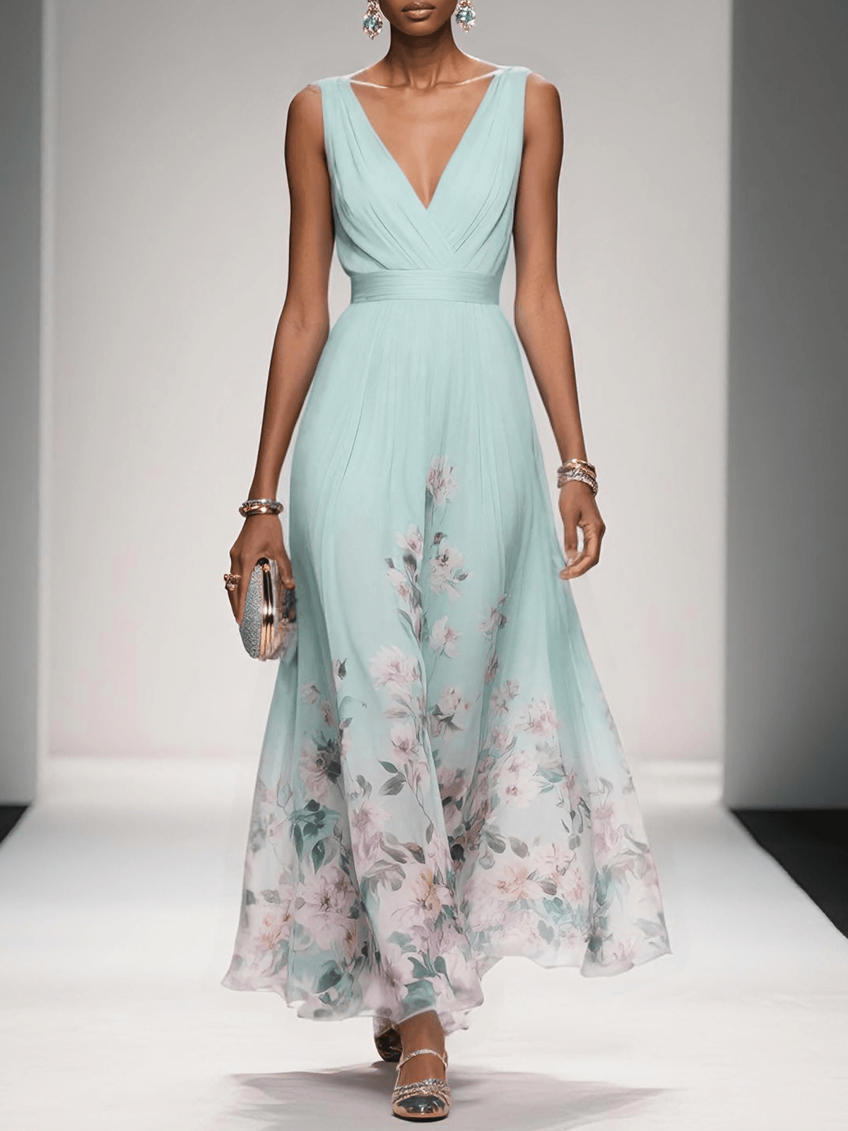 Floral Sky Blue Chiffon V-Neck Sleeveless Maxi Dress