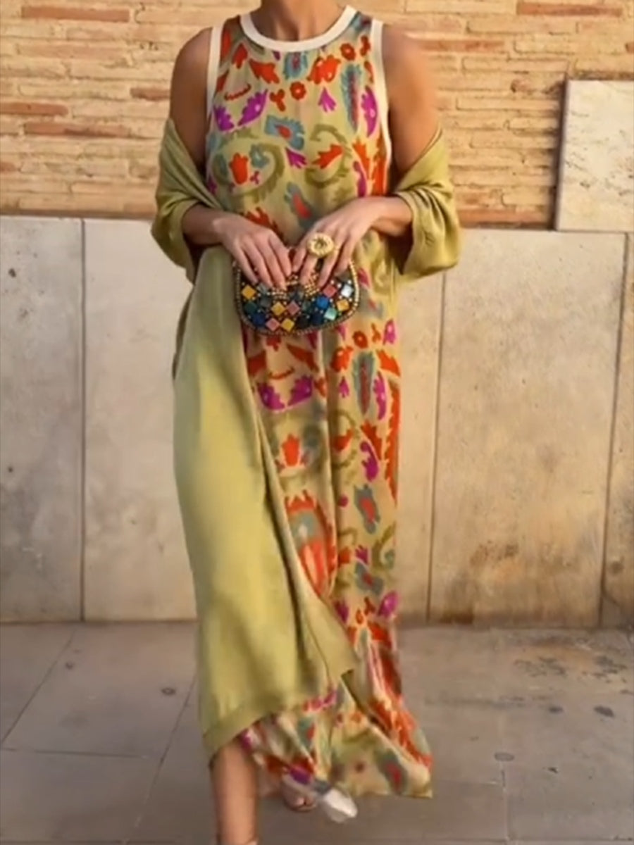 Elegant two-piece printed dress with cape