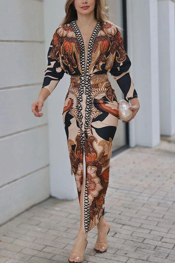 Midi Dress with Unique Print Long Dolman Sleeves and Slit