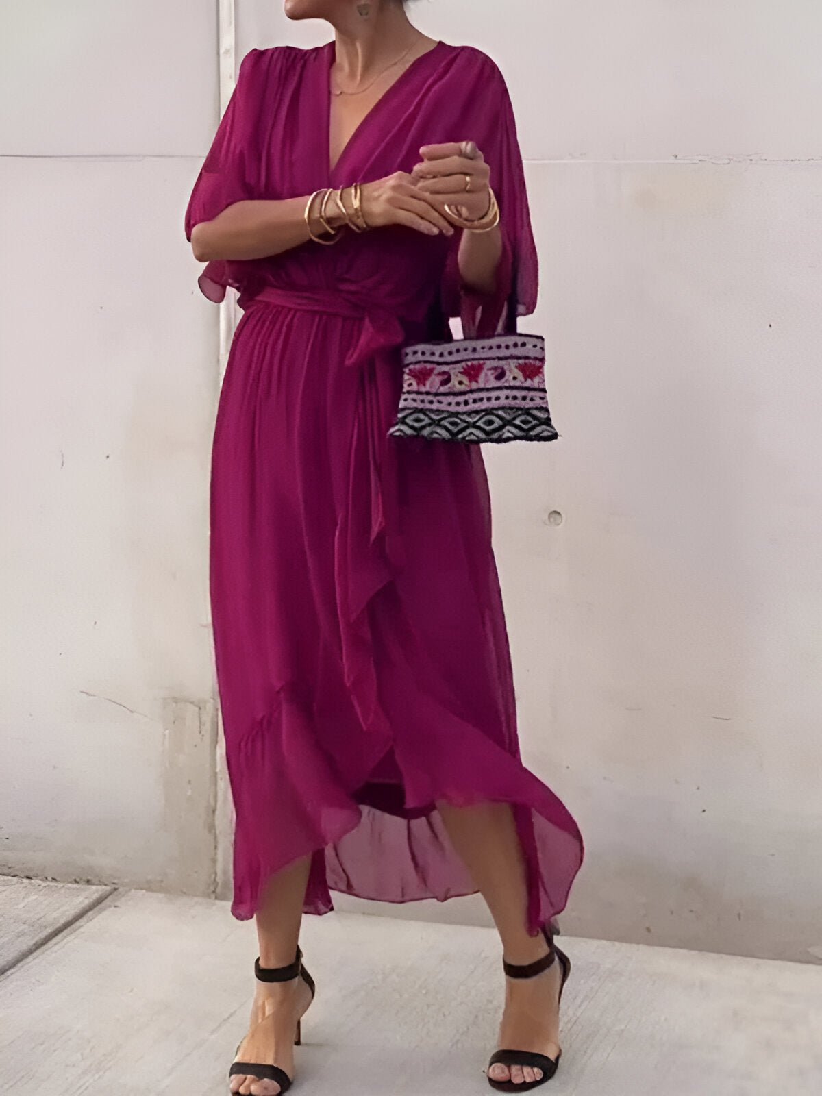 MONICA | CHIFFON DRESS WITH V - NECK - Rossis Family Boutique Miami