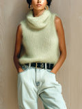 Chic Vintage Light Green Cowl Collar Sleeveless Fuzzy Ribbed Knit Tank Top