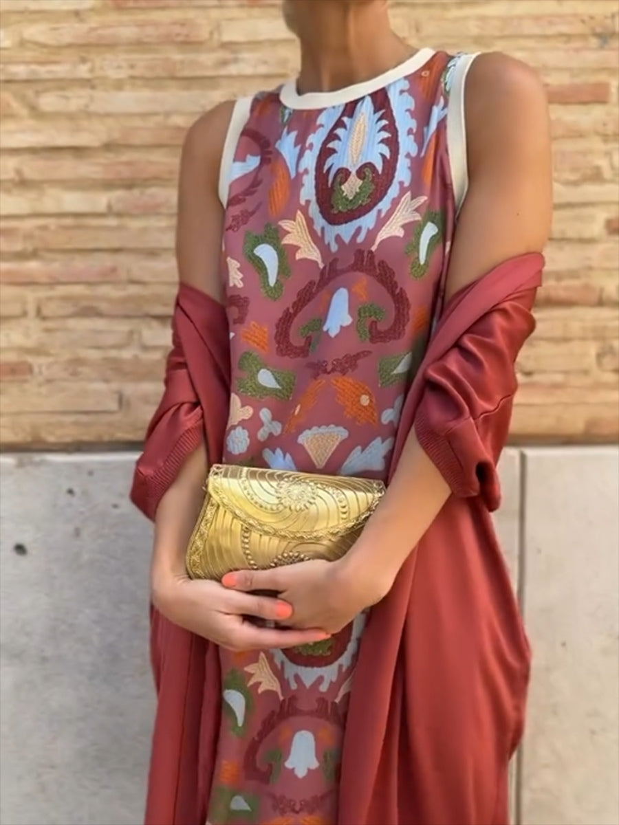 Elegant two-piece printed dress with cape