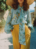 Romantic Bohemian Floral Print Chiffon Blouse with Tie Collar