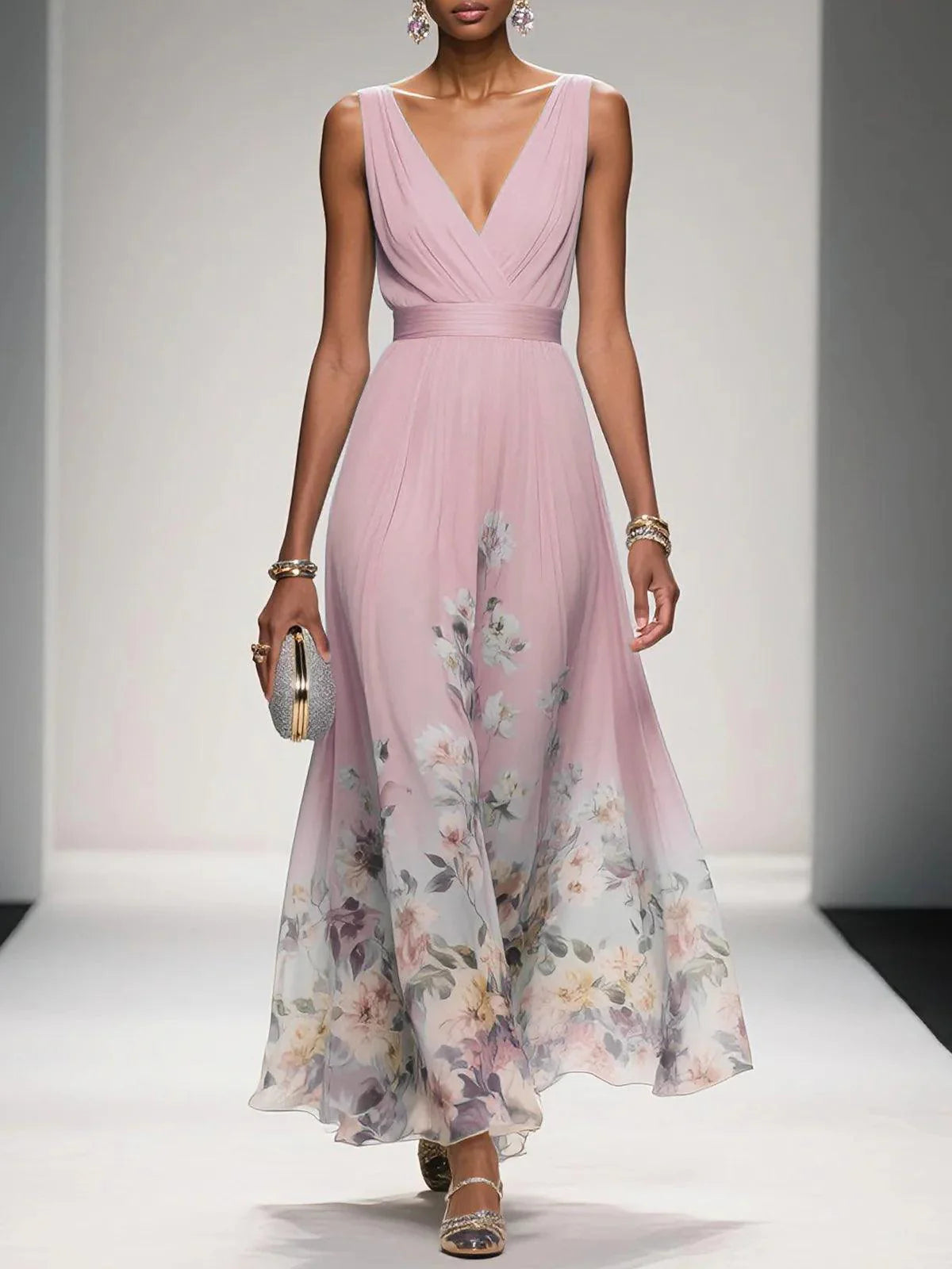Floral Sky Blue Chiffon V-Neck Sleeveless Maxi Dress