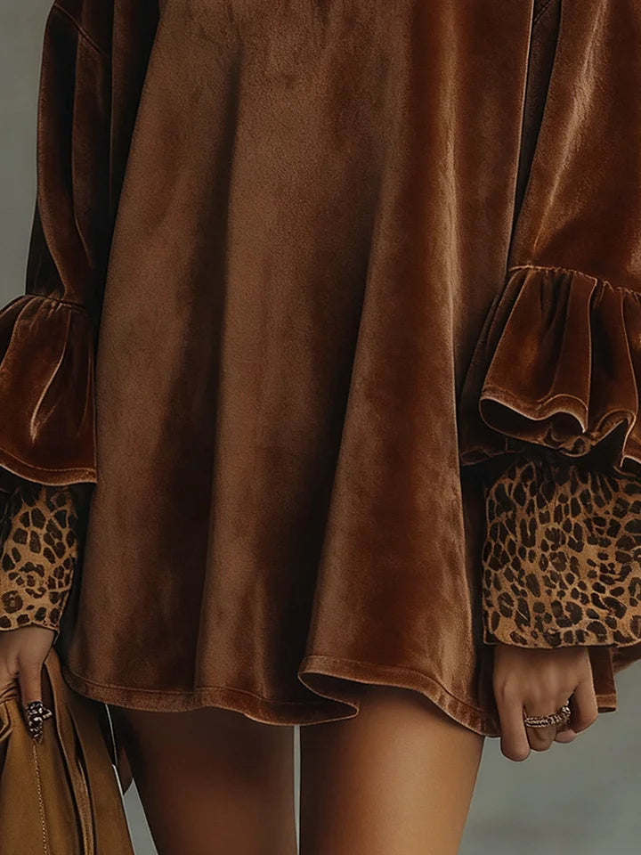 Velvet Mini Dress with Flounce Sleeves and Leopard Cuffs
