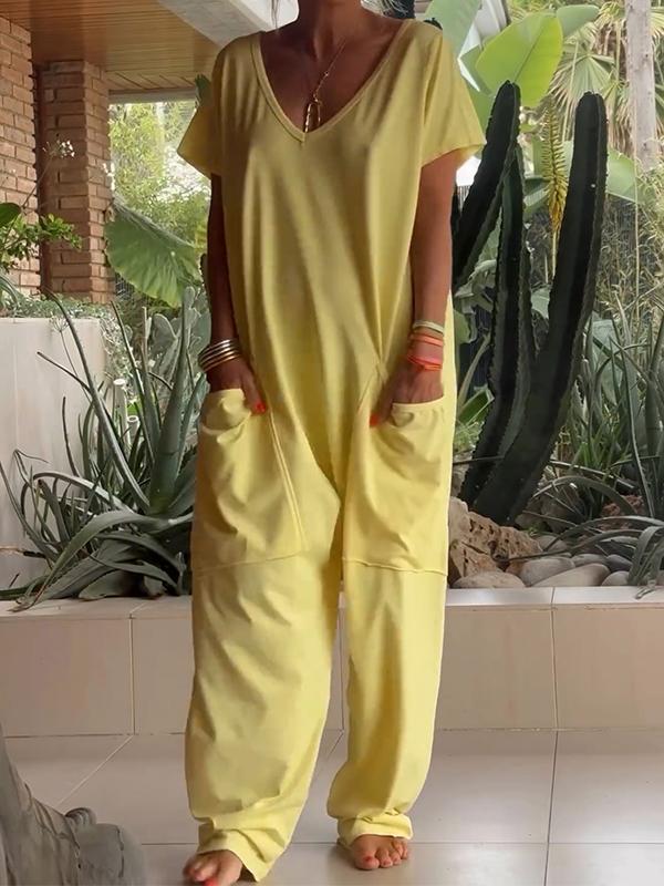 Solid Color V-Neck Casual Jumpsuit