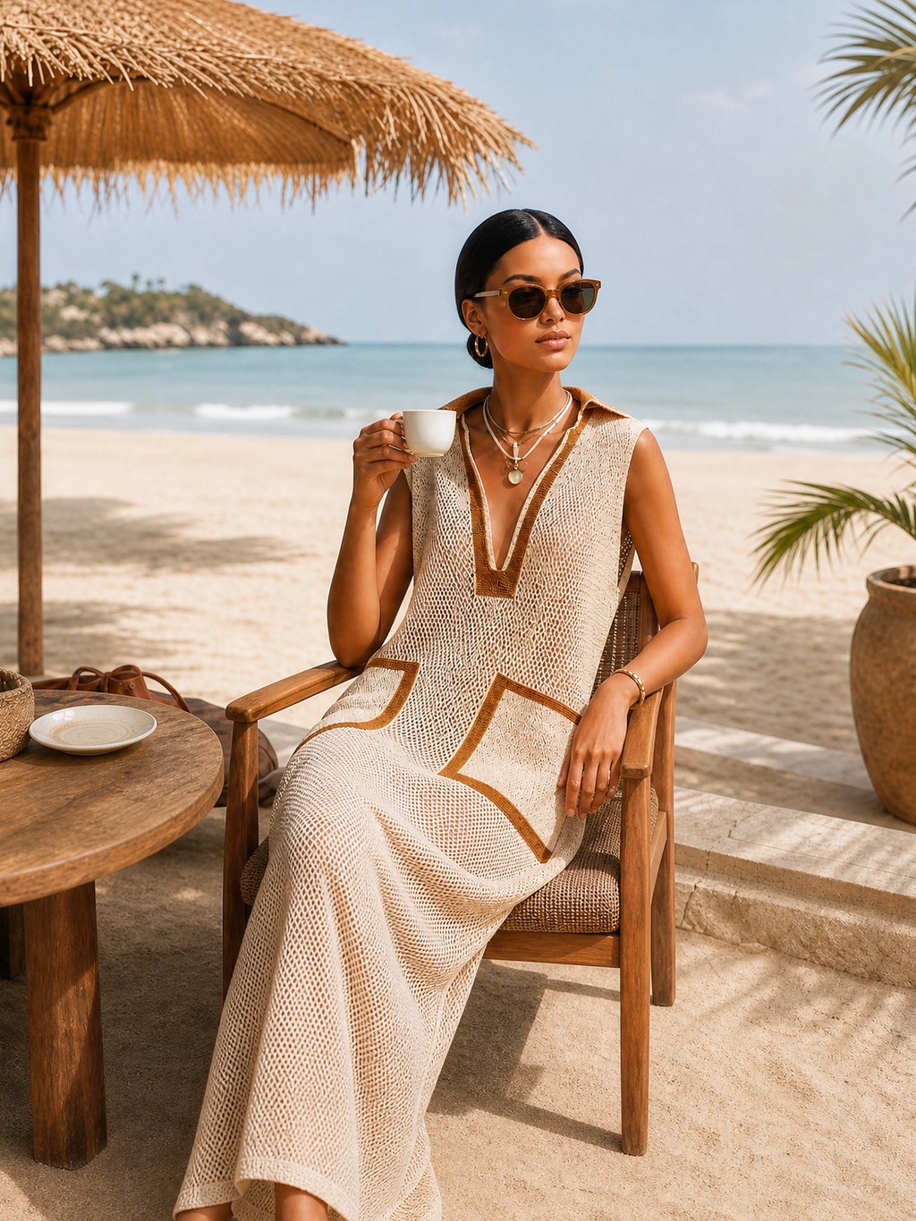Chic Elegant Beige Colorblock Lapel Collar V-Neck Patch Pocket Sleeveless Loose-Fit Ribbed Knit Maxi Dress