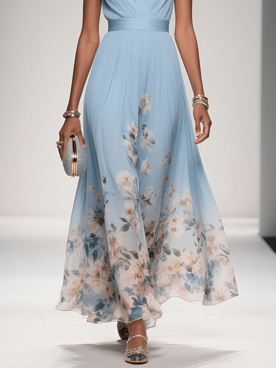 Floral Sky Blue Chiffon V-Neck Sleeveless Maxi Dress
