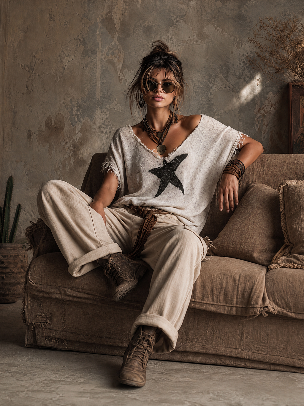 Chic Casual White V-Neck Star Print  Raw Edge Dolman Sleeves Loose-Fit Knit SweaterTop