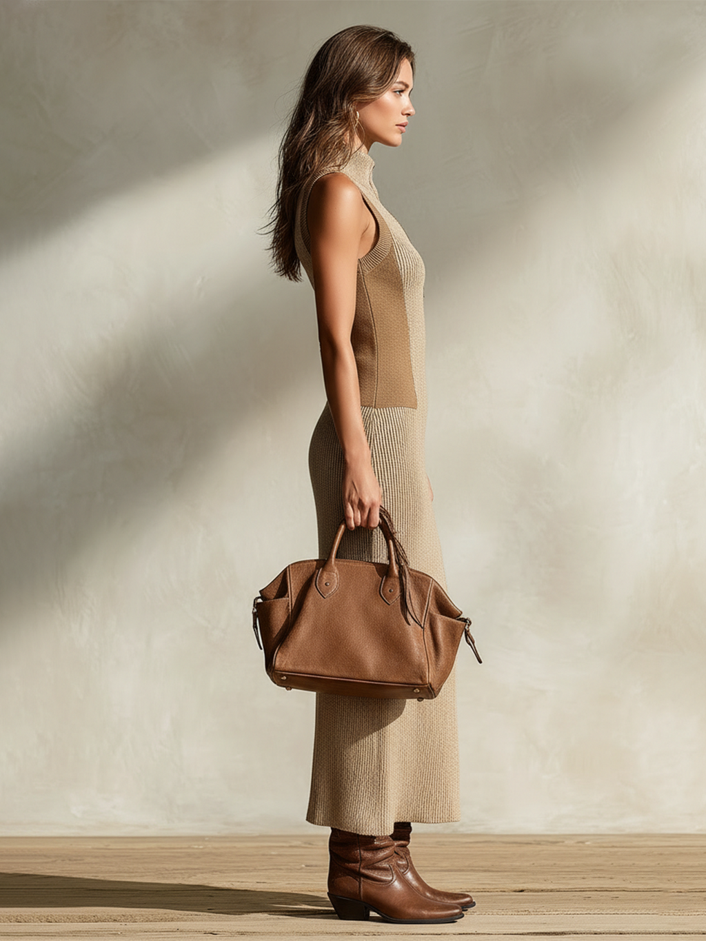 Chic Elegant Camel Colorblock Stand Collar Button-Front Sleeveless Slim-Fit Side Slit Ribbed Knit Maxi Dress