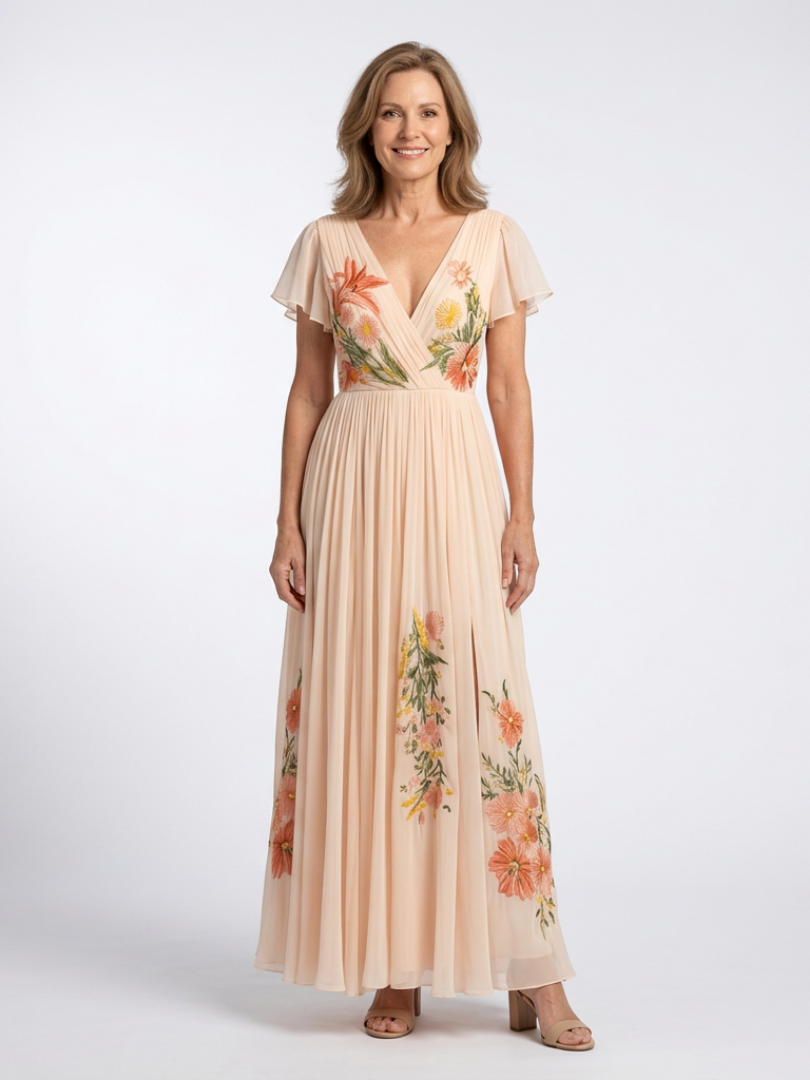 Calista | Abito Maxy Floral a Manica Corta con Scollatura a V