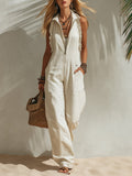 Sleeveless Ivory White Bohemian Jumpsuit with Ruffled Trim and Zipper