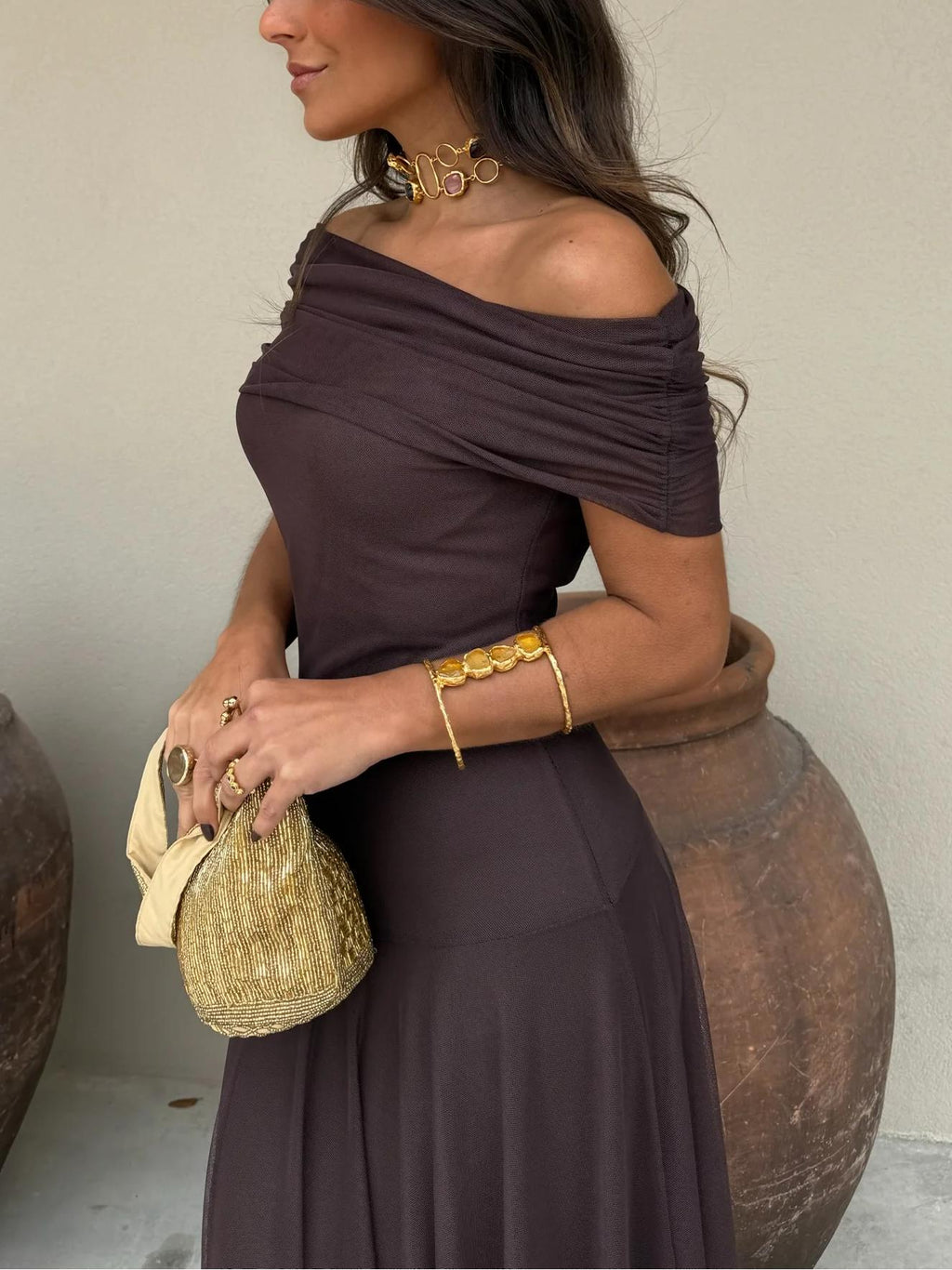 Brown One-Shoulder Mesh Maxi Dress