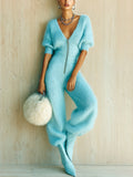 Chic Elegant Blue V-Neck Zipper-Front Short-Sleeve Tailored Waist Straight-Leg Fuzzy Knit Jumpsuit