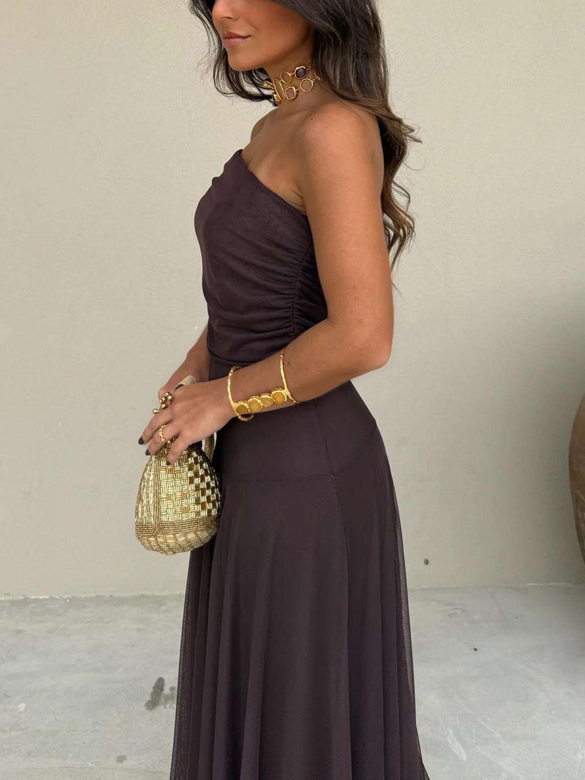 Brown One-Shoulder Mesh Maxi Dress