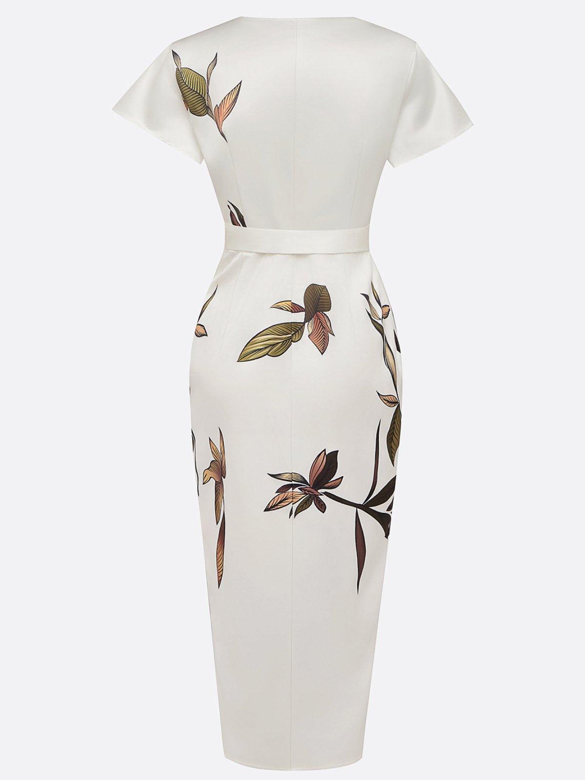 White Satin Leaf Print Short-Sleeve Midi Dress