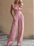 Stylish Pink Cotton Linen Sleeveless Ruffle Button Jumpsuit