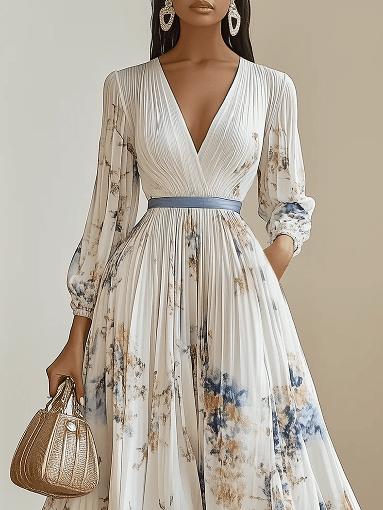 White Pleated Floral Chiffon V-Neck Maxi Dress with Balloon Sleeves