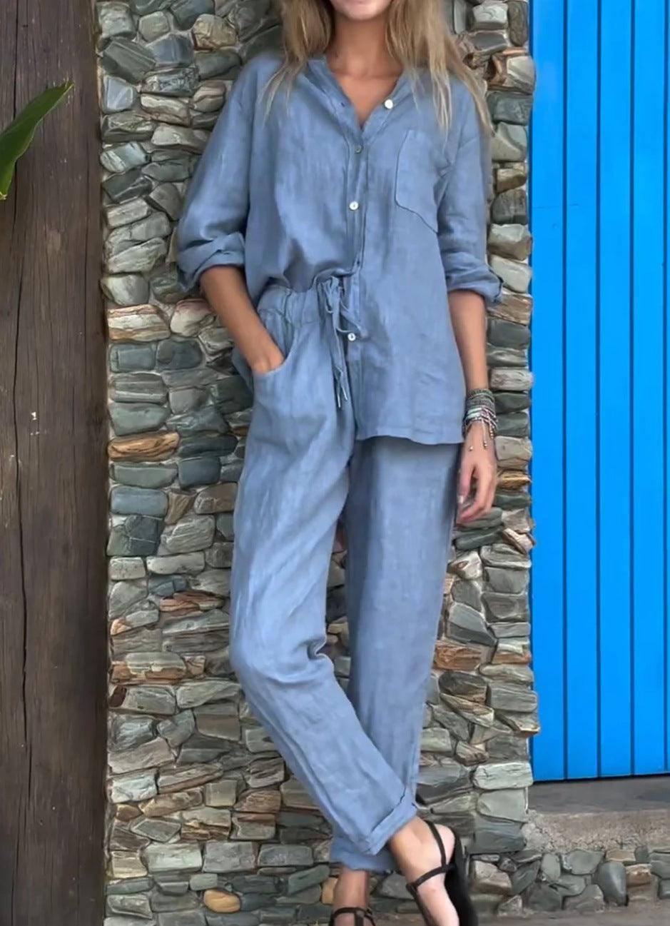 Casual Solid-Color V-Neck Cotton and Linen Two-Piece Set