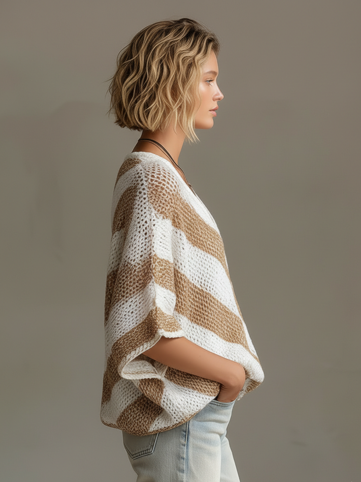 Chic Casual White-Beige Stripes V-neck Short-sleeved Loose-Fit Knit Sweater