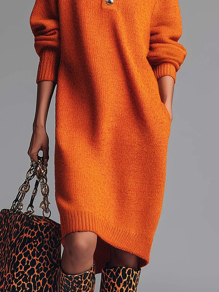 Orange Knitted Midi Dress with Lapel and Front Buttons
