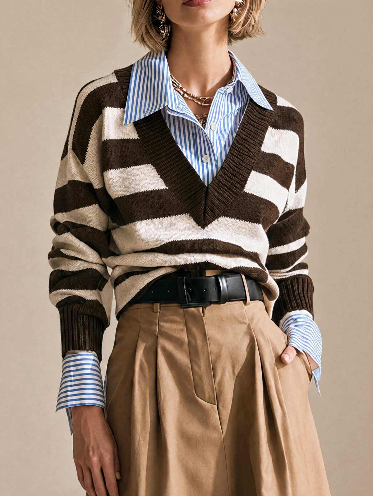 Preppy Striped Layered Faux-layered Knit Top