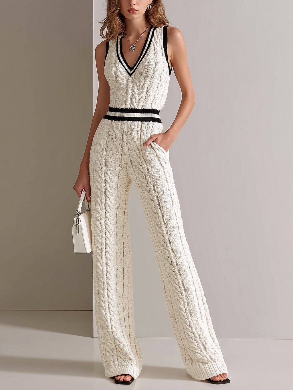 Chic Elegant Cream White V-Neck Sleeveless Contrast Trim Detail Elastic-Waist Loose-Fit Cable Knit Jumpsuit