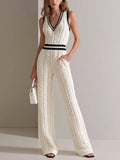 Chic Elegant Cream White V-Neck Sleeveless Contrast Trim Detail Elastic-Waist Loose-Fit Cable Knit Jumpsuit